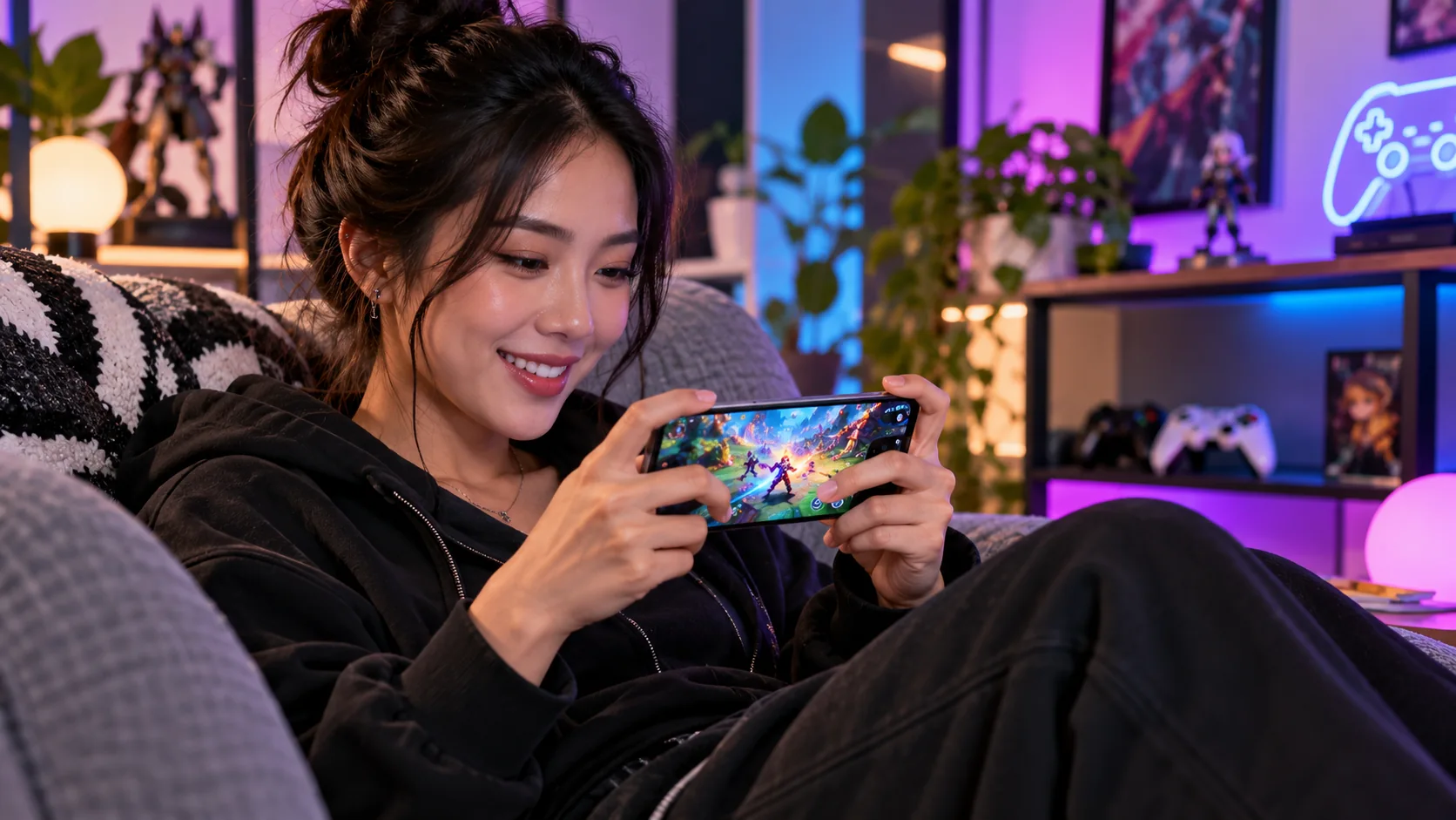 Model wanita bermain game di ponsel dalam ruang gaming nyaman