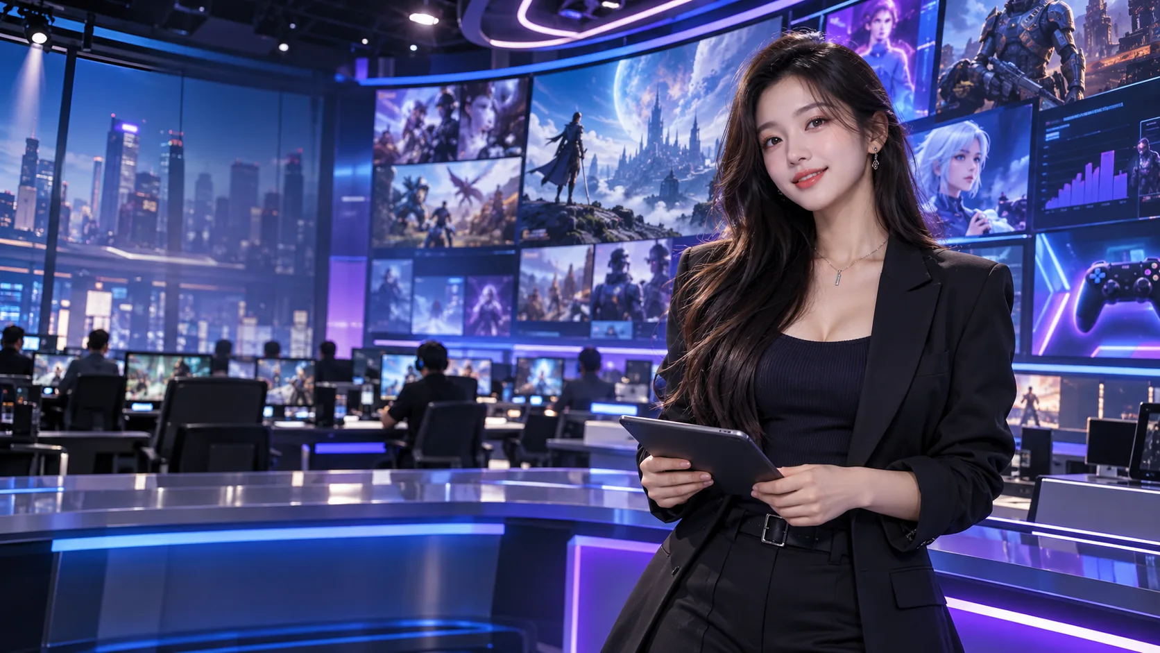 Model wanita presenter di studio berita gaming modern ACGWIN World