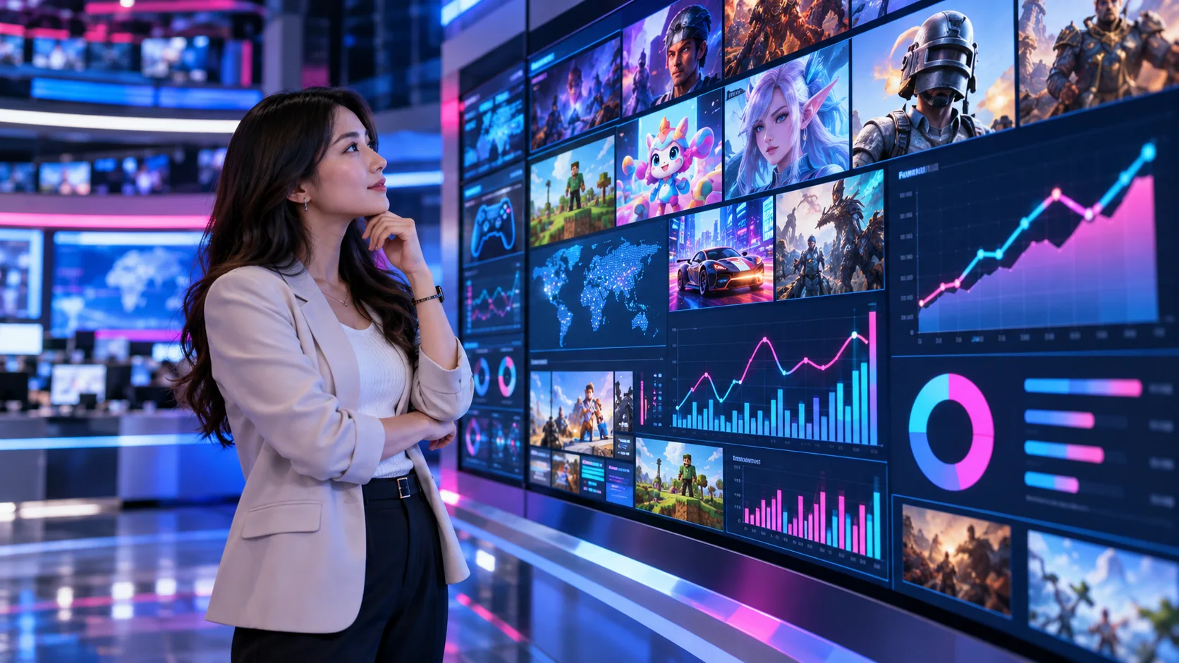 Ilustrasi analis memantau data dan berbagai genre game di studio modern