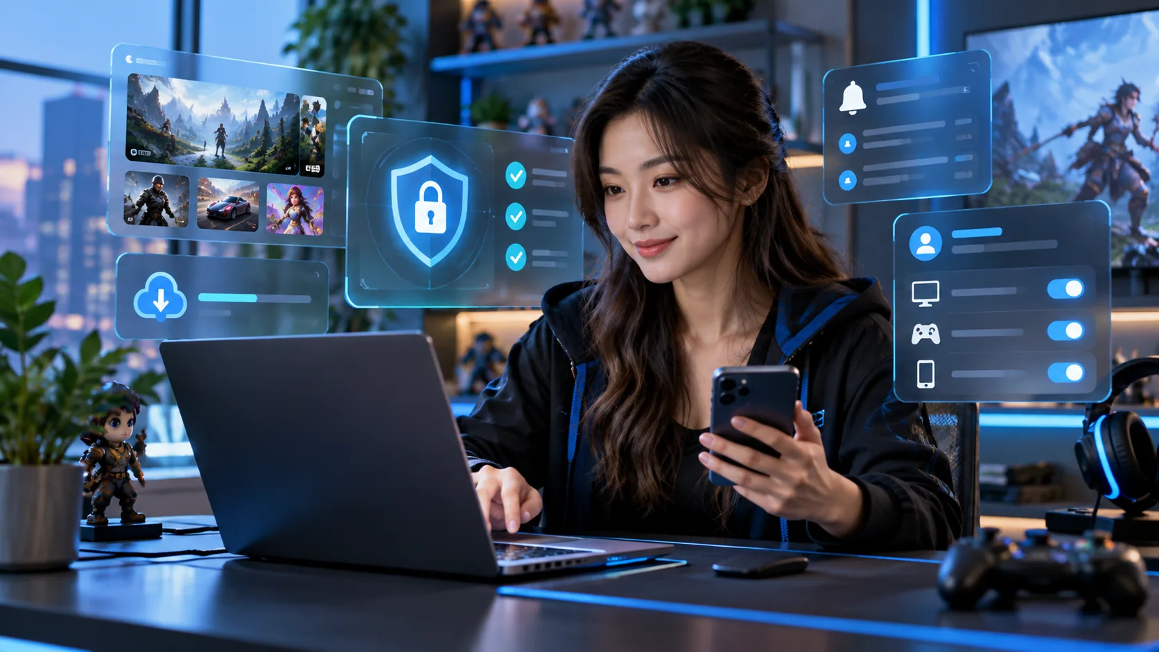 Ilustrasi perempuan mengecek pembaruan layanan game di laptop dan ponsel